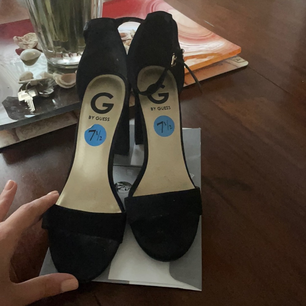 Guess black suede sandal heels.